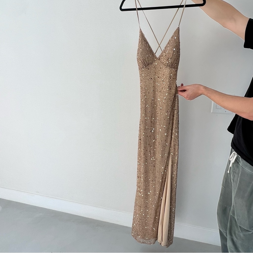 Gold sequin and beaded maxi sleeveless open back slit dress gown